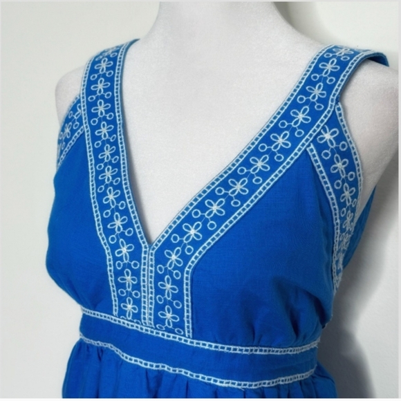 J Crew Dress Maxi Length Sleeveless Royal Blue White Eyelet Detail Linen Cotton - Picture 6 of 12